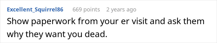 Comment about showing ER paperwork, text in black font on a white background, discussing anaphylactic shock incident linked to lunch.