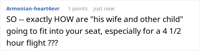 Commenter questioning how family will fit into passenger&rsquo;s paid seat during flight, highlighting dramatic travel dispute over seat swap refusal.