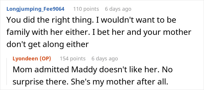 Reddit conversation revealing son's refusal of family bonding, citing mother's choice of nemesis and father over him. Reddit conversation revealing son's refusal of family bonding, citing mother's choice of nemesis and father over him.