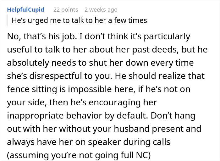 Screenshot of a forum comment advising a woman on handling her rude MIL and her husband's role in addressing the behavior.