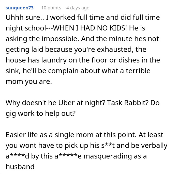 Alt text: Online comment criticizing husband expects wife to work study full time with two kids while managing household tasks