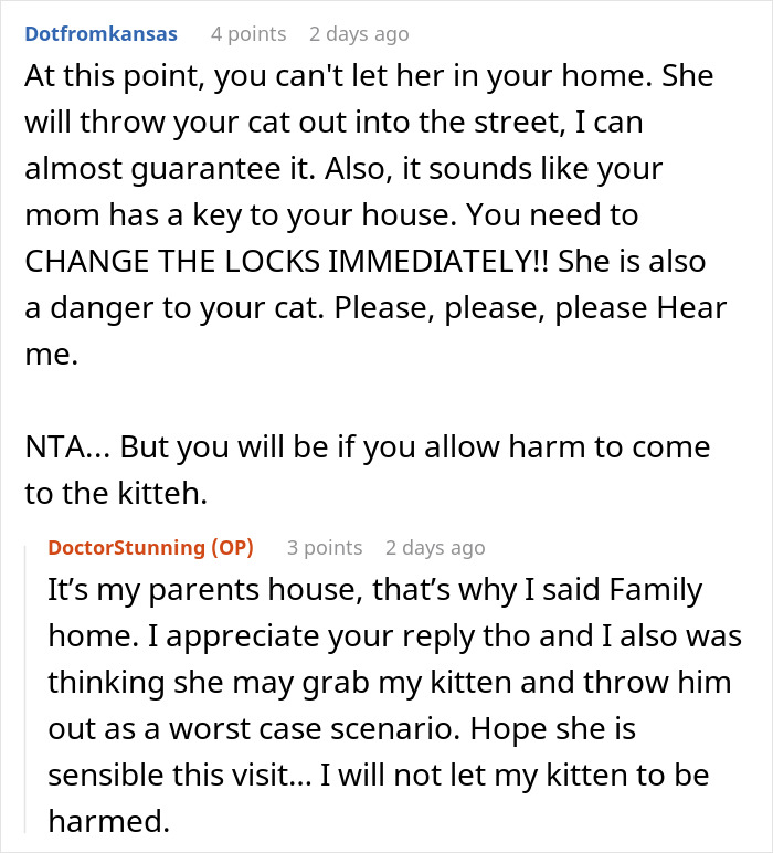 Screenshot of a Reddit conversation about parents trying to get rid of a cat while pregnant sister visits. Screenshot of a Reddit conversation about parents trying to get rid of a cat while pregnant sister visits.
