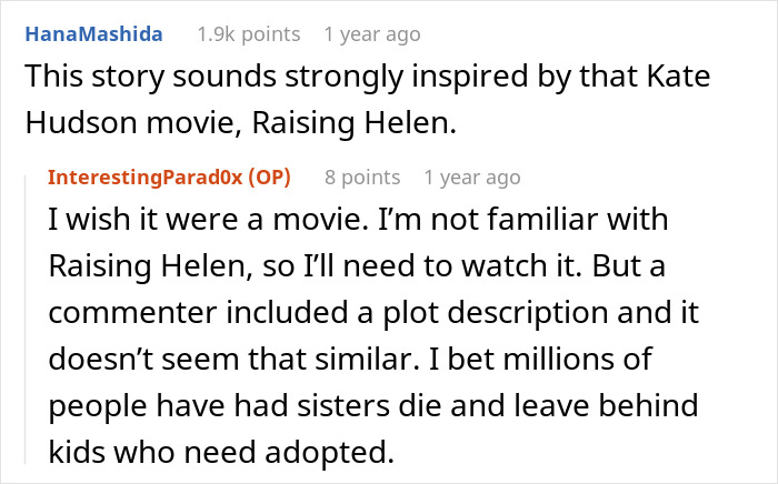 Screenshot of online discussion about a woman’s life turning upside down after her late sister’s dying wish involving children. Screenshot of online discussion about a woman’s life turning upside down after her late sister’s dying wish involving children.