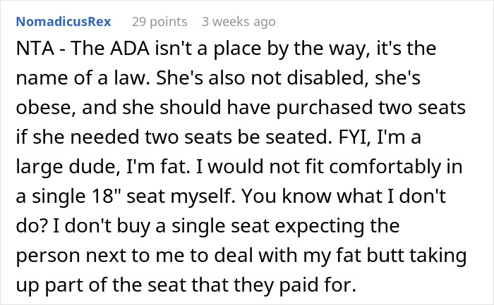 Screenshot of a Reddit comment discussing flight attendant's choice on offering seatbelt extender to overweight woman. Screenshot of a Reddit comment discussing flight attendant's choice on offering seatbelt extender to overweight woman.