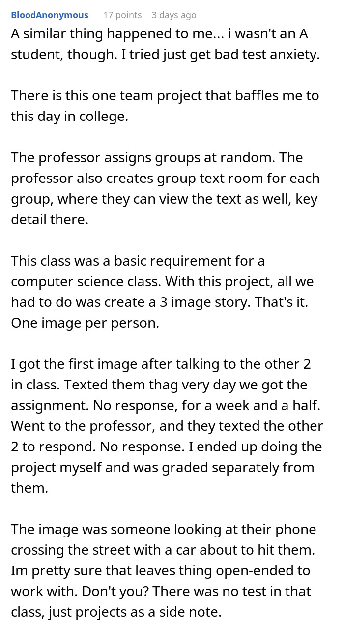 Forum post describing group project fails caused by lazy teammates expecting the smart one to do everything alone.