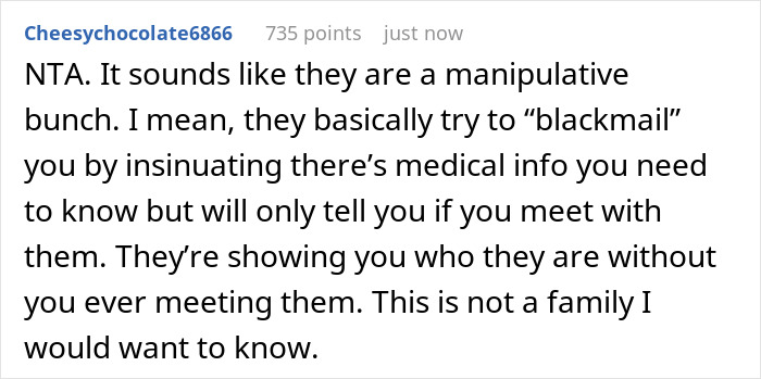 Screenshot of a Reddit comment discussing a man&rsquo;s birth family tracking him down and their manipulative behavior.