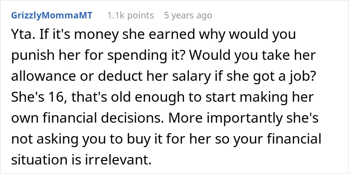 Comment discussing a mom telling daughter she can&rsquo;t buy items deemed too expensive due to sibling fairness concern.