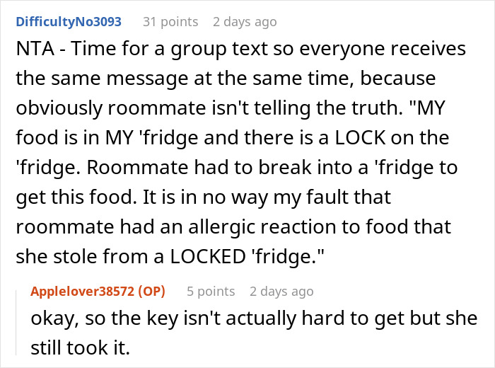 Text conversation about a serial food thief with peanut allergy causing an ER visit after stealing roommate&rsquo;s dinner.