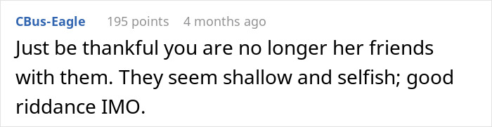Screenshot of a Reddit comment criticizing shallow and selfish friends after a bride demands $200 for cheap wedding shower gifts.