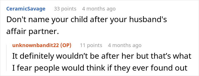 Screenshot of a Reddit conversation discussing a pregnant wife discovering her husband's affair linked to her dream baby name.