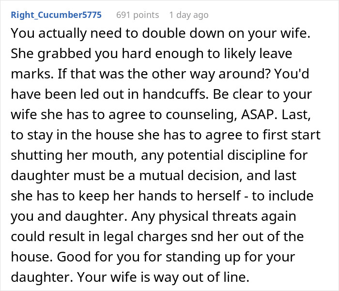 Comment advising on telling wife why daughter doesn&rsquo;t trust, emphasizing counseling and mutual discipline decisions.