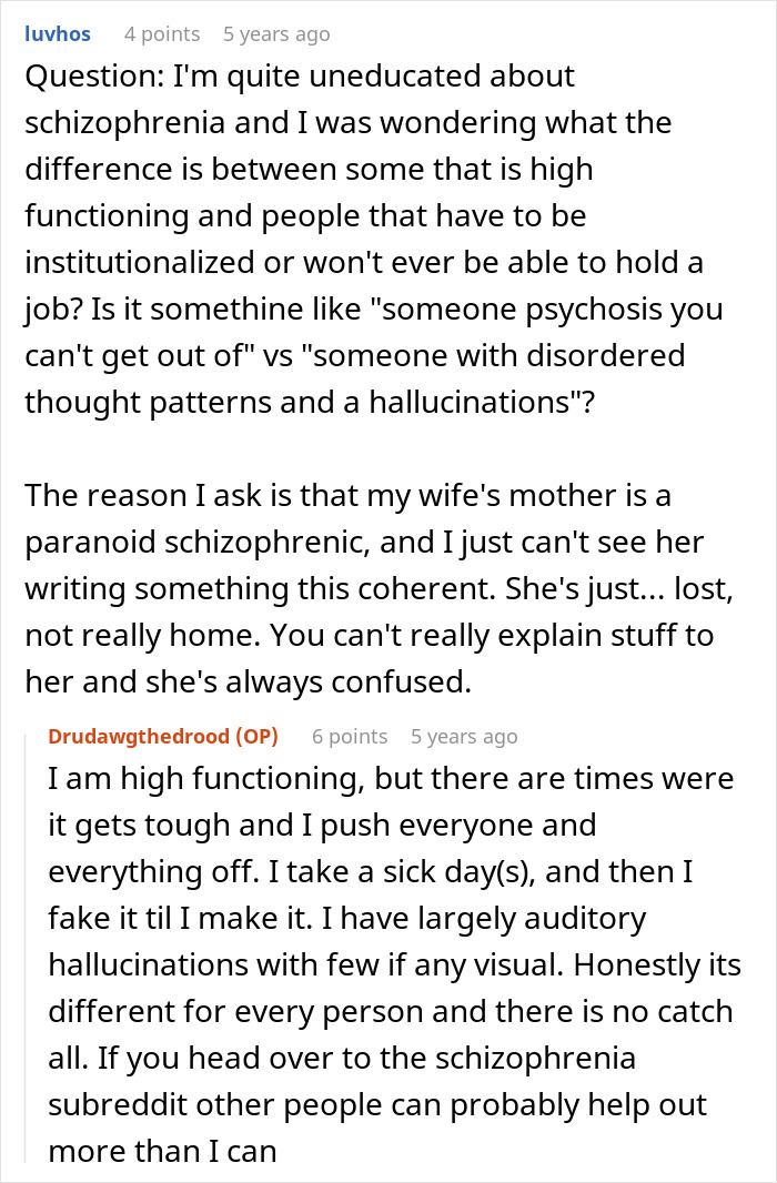 Screenshot of an online discussion about schizophrenia, featuring comments on high functioning and hallucinations.
