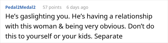 Screenshot of a forum comment warning about gaslighting and a suspicious relationship involving nannying his girlfriend&rsquo;s children.