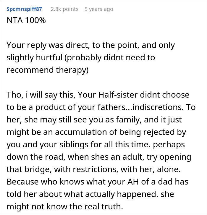 Reddit comment discussing family conflict and half-sister’s role in airing dirty laundry online by a stalking relative. Reddit comment discussing family conflict and half-sister’s role in airing dirty laundry online by a stalking relative.