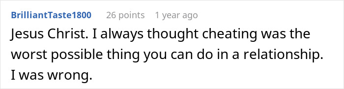 Screenshot of a user comment reflecting on cheating and discussing emotional impact in an online forum thread.