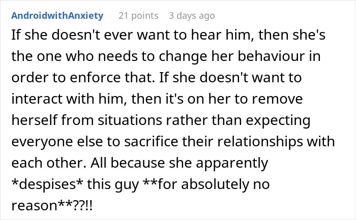 Reddit comment discussing a woman forbidding her brother-in-law from talking to her despite seeing her nephew less.