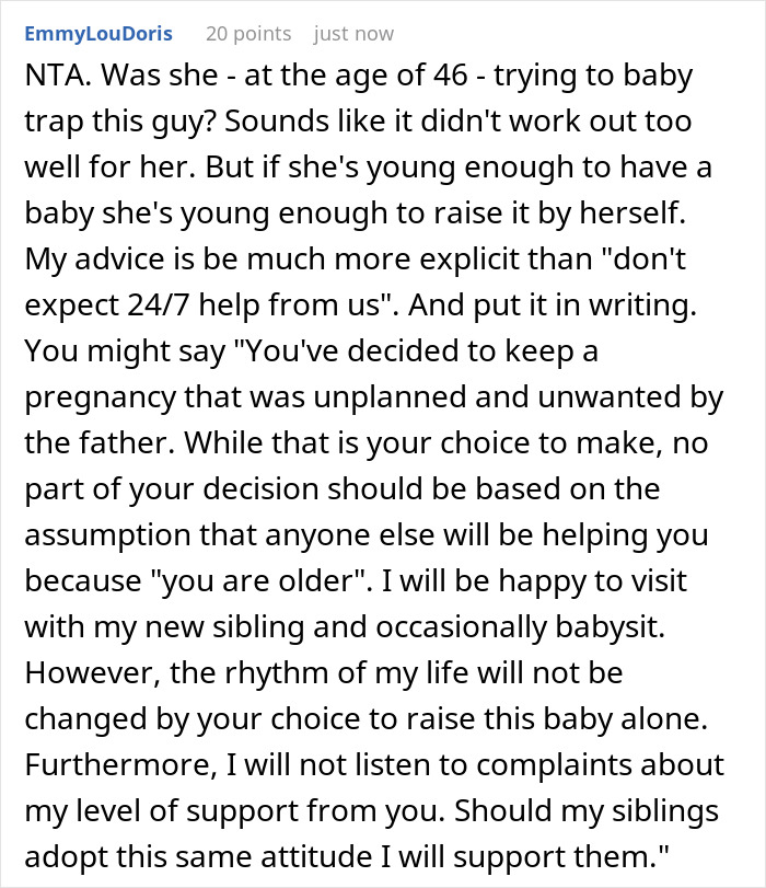 Comment discussing a 46-year-old getting pregnant and adult kids not providing 24/7 help with childcare responsibilities.