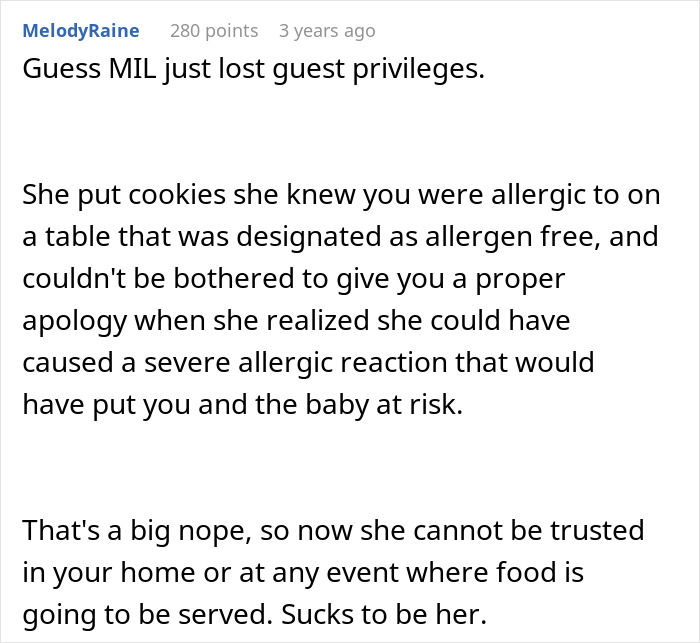Comment discussing MIL sabotaging allergy-safe baby shower treats by mixing gluten, risking allergic reactions and trust issues. Comment discussing MIL sabotaging allergy-safe baby shower treats by mixing gluten, risking allergic reactions and trust issues.