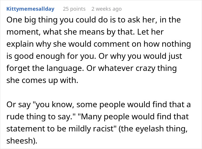 Screenshot of a Reddit comment discussing handling rude comments from a woman's mother-in-law and emotional impact on husband.