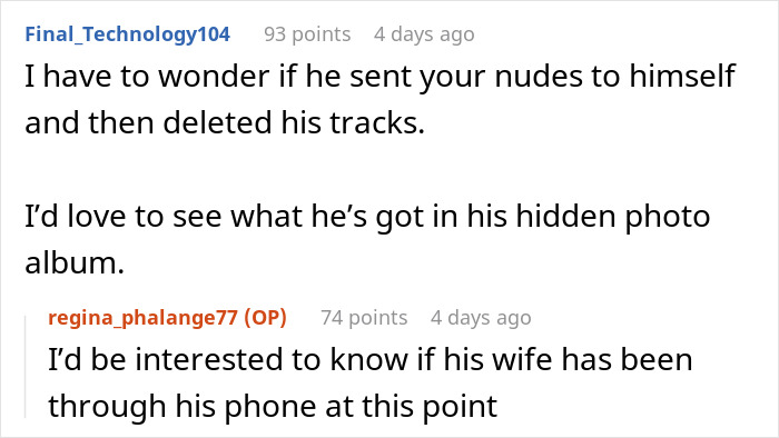 Comments discussing suspicions of privacy violations and concerns about hidden photos in a phone conversation.