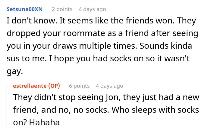 Screenshot of a Reddit conversation discussing a guy whose boxers bothered guests, leading to awkward social moments.