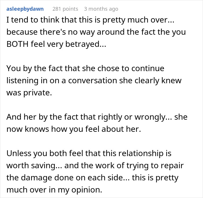 Comment discussing betrayal in a relationship after a woman eavesdrops on boyfriend’s private therapy session. Comment discussing betrayal in a relationship after a woman eavesdrops on boyfriend’s private therapy session.