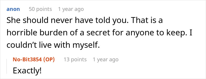 Screenshot of a forum conversation where a woman struggles with her friend&rsquo;s heavy secret before the wedding, sharing it with her fianc&eacute;.