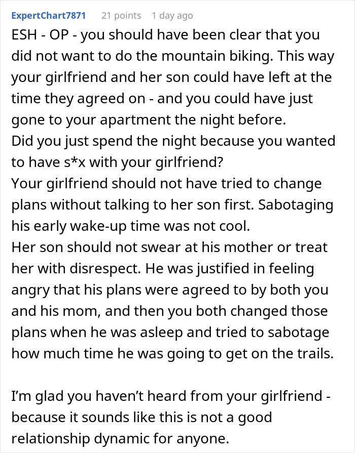 Alt text: Reddit comment discussing mountain biking conflict involving a man, his girlfriend, and her son&rsquo;s early morning meltdown.