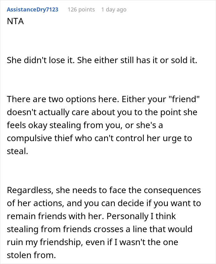 Comment discussing a man catching a friend stealing his boyfriend&rsquo;s camera and confronting her true colors.