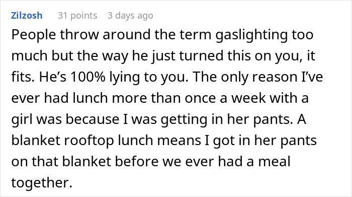 Screenshot of a forum comment discussing gaslighting related to a man&rsquo;s worries about petty drama affecting his job and marriage.