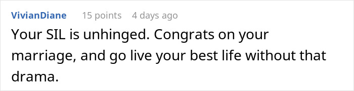 Screenshot of an online comment discussing a woman pretending to be the bride at her sister-in-law&rsquo;s wedding.