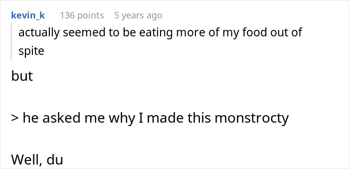 Screenshot of a Reddit comment discussing baking a habanero cake to address a roommate stealing leftovers issue.