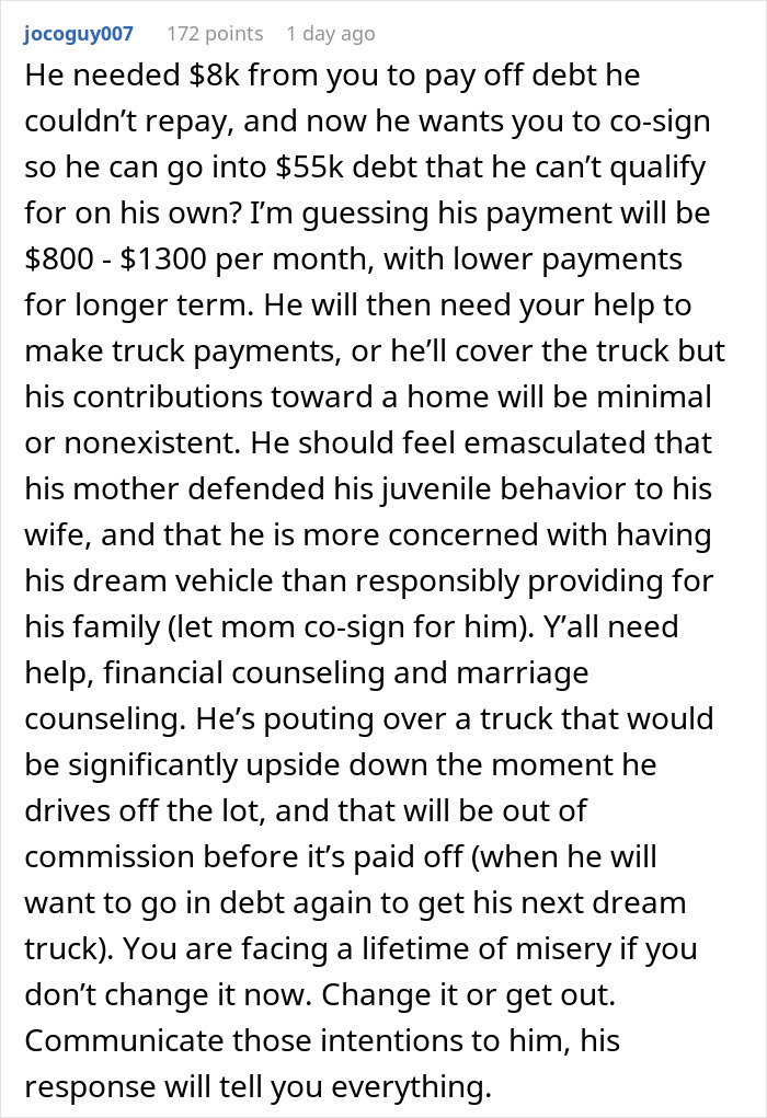 Comment discussing concerns about a dream truck loan, co-signing risks, and potential inheritance financial issues.