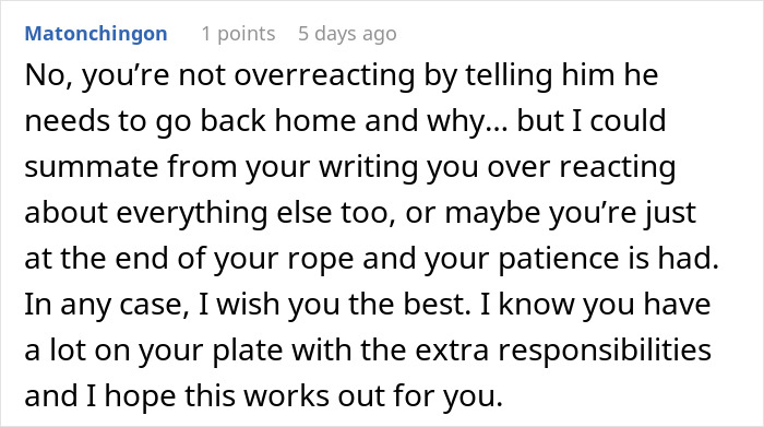 Comment expressing support for a girlfriend calling out a lazy guy who is criticized for wanting to be babied.
