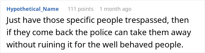 Screenshot of an online comment suggesting trespassing enforcement to address dog walking issues on private land.