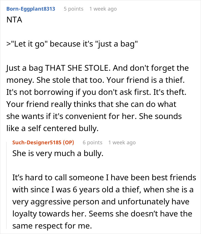 Reddit user discusses woman ending 15-year friendship after purse theft and betrayal, highlighting loyalty and self-centered behavior.