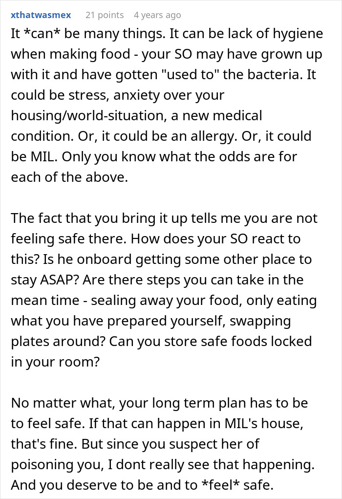 Screenshot of Reddit comment discussing suspicious behavior from MIL and concerns about possible poisoning and safety precautions. Screenshot of Reddit comment discussing suspicious behavior from MIL and concerns about possible poisoning and safety precautions.