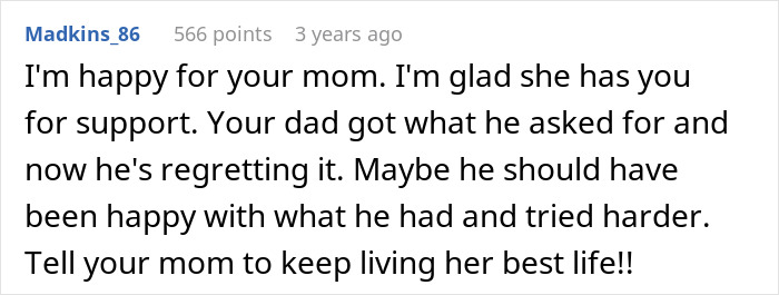 Comment expressing support for mom after dad wanted an open marriage but got upset when she dated others.