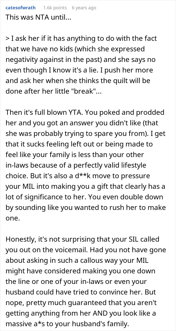 Reddit comment discussing a childfree woman upset her MIL refuses to make her a family quilt, gaining reality check online. Reddit comment discussing a childfree woman upset her MIL refuses to make her a family quilt, gaining reality check online.