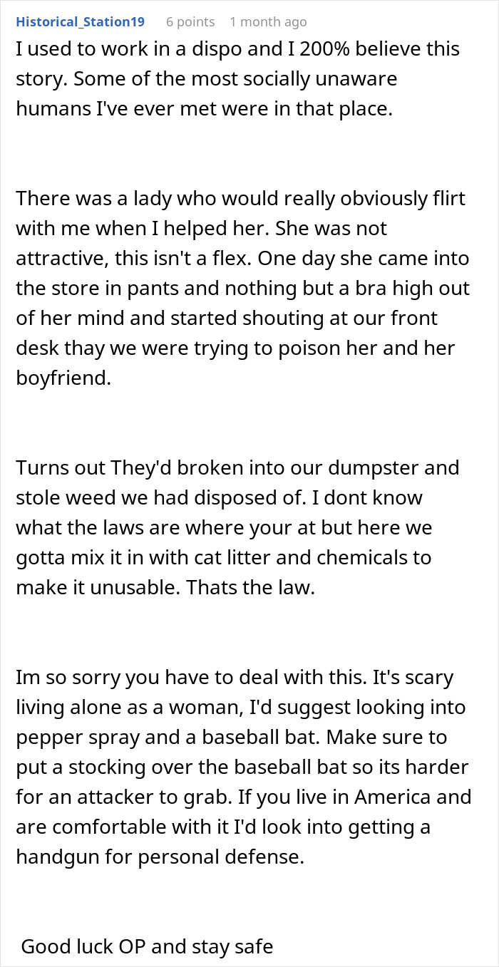 Comment discussing a stalker customer found at home ringing the doorbell and advice on personal safety for women living alone.