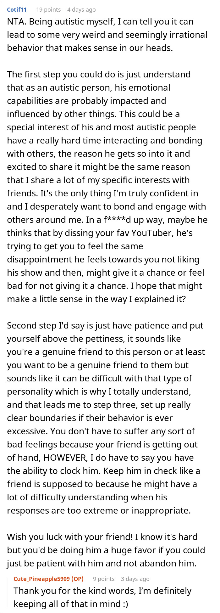 Comment explaining autistic friend's behavior and advice for refusing to watch autistic friend's show recommendation.