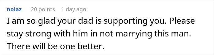 Comment expressing support for fianc&eacute;e lashing out after family went dress shopping without her.