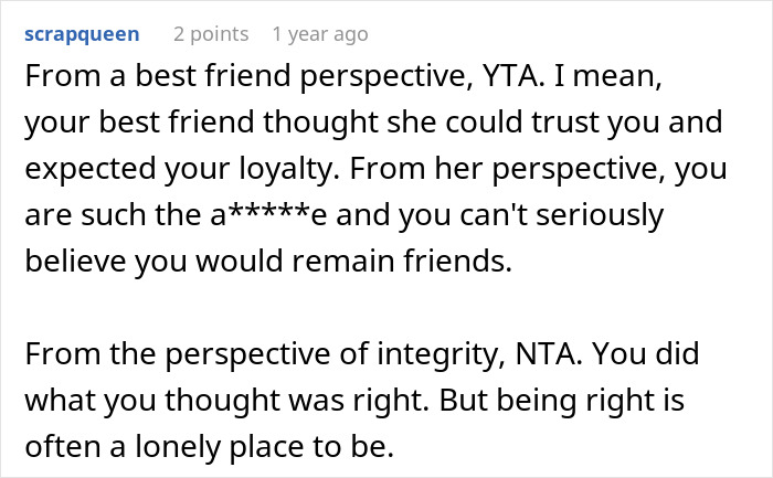 Screenshot of a Reddit comment discussing a woman struggling to hold her friend&rsquo;s heavy secret before the wedding.