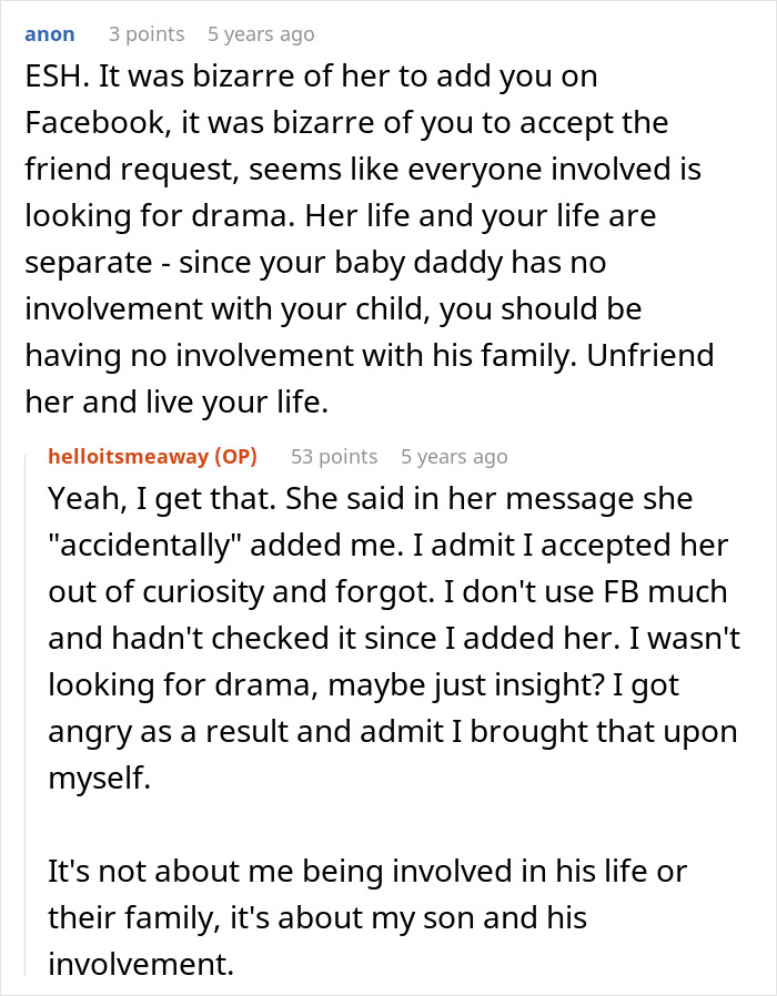 Excerpt of online discussion about mom bragging, husband’s abandoned son, and family involvement drama on social media. Excerpt of online discussion about mom bragging, husband’s abandoned son, and family involvement drama on social media.