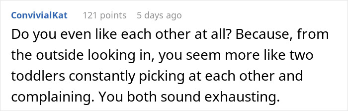 Comment on a post about a man refusing to check the restaurant menu, with a wife deciding not to eat out.