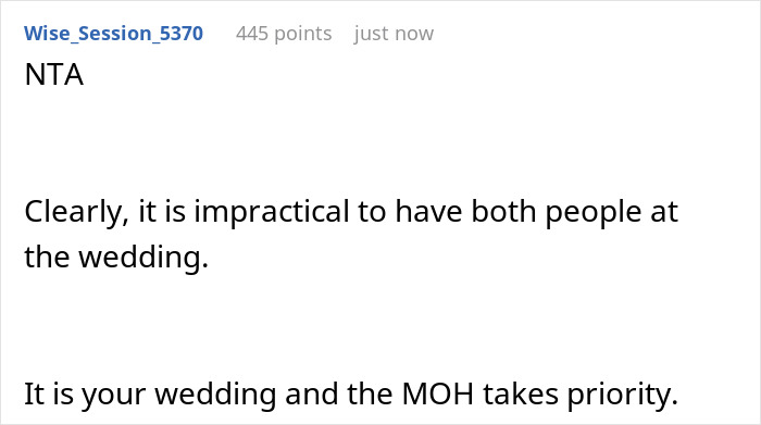 Text post showing a discussion about refusing a sister-in-law’s service dog at a bride’s wedding. Text post showing a discussion about refusing a sister-in-law’s service dog at a bride’s wedding.