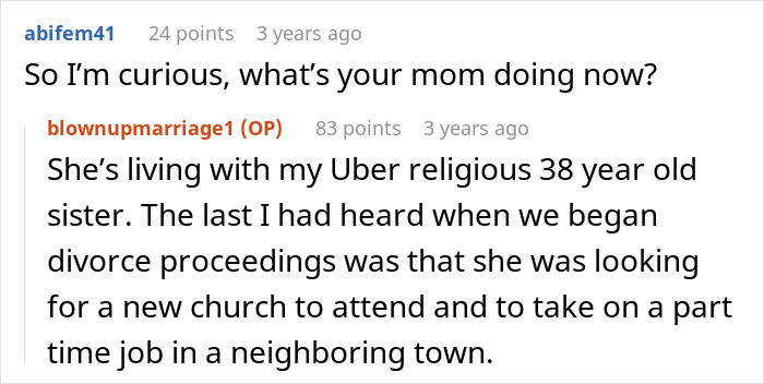 Screenshot of a Reddit conversation discussing a woman exposing her mom&rsquo;s 22-year affair with her husband.