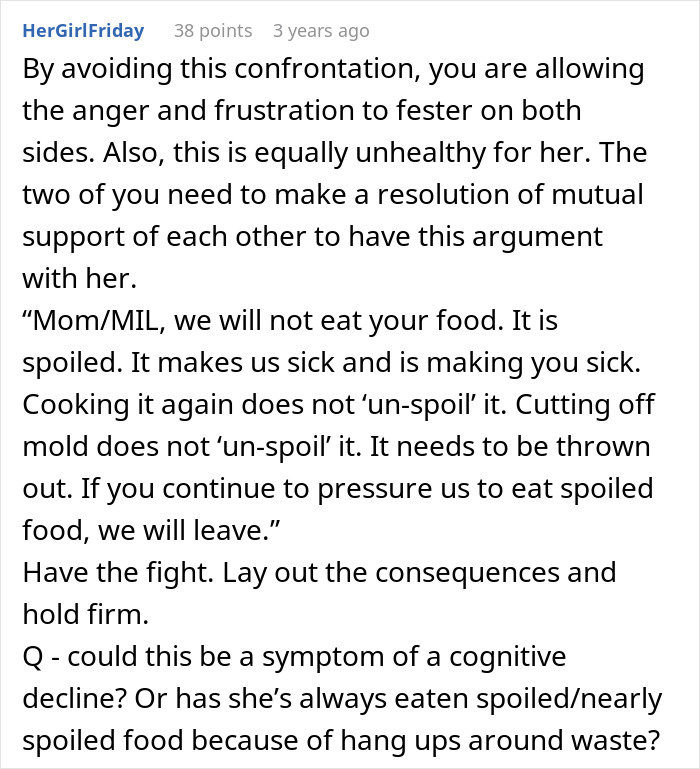 Comment advising standing firm against cheap MIL feeding spoiled food and bullying son and girlfriend into eating it, discussing consequences.