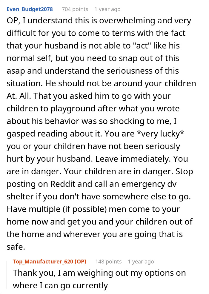 Reddit comment warns about danger of giving husband another chance and urges immediate action for safety of children.