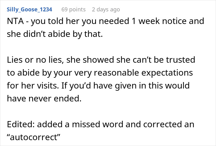Comment discussing a woman showing up unannounced at ex-daughter-in-law’s doorstep and calling the cops after being denied entry. Comment discussing a woman showing up unannounced at ex-daughter-in-law’s doorstep and calling the cops after being denied entry.